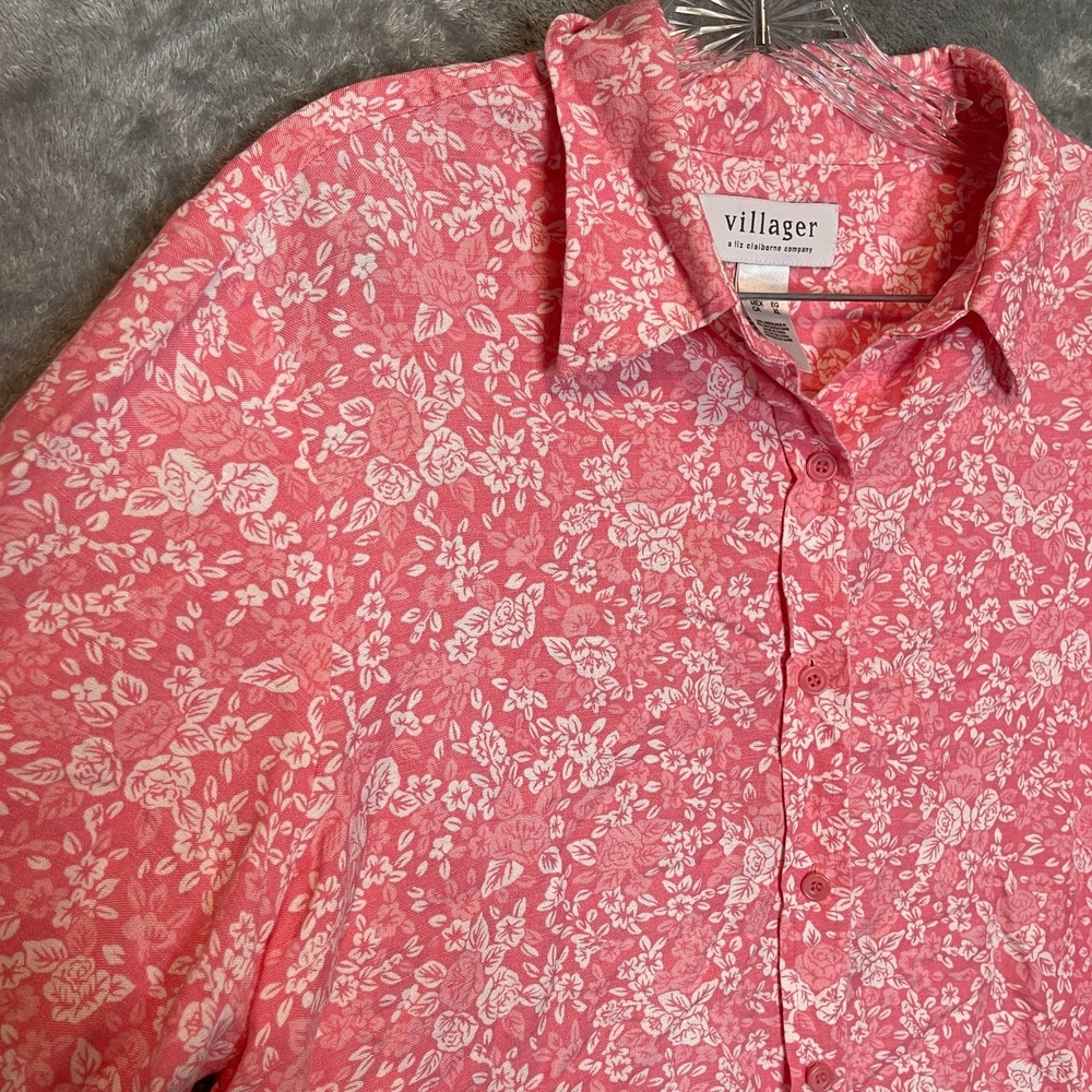Liz Claiborne Women Linen Blend Button Up Shirt XL Ditsy Floral Coastal Grandma